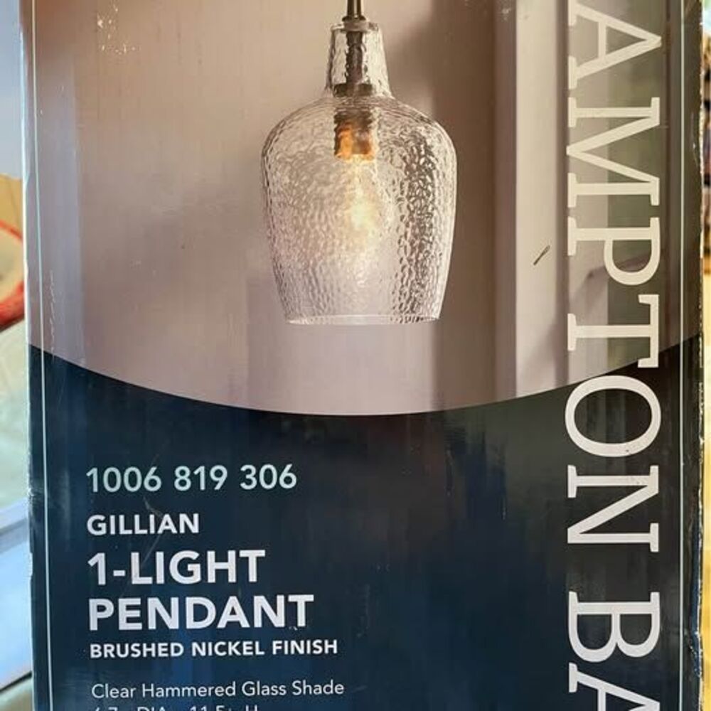 New Pendant Hanging Light Brushed Nickel Finish Clear Hammered Glass Shade